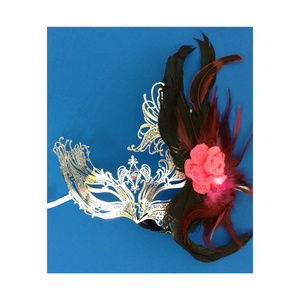 Masquerade Eye Mask Pink Flower Feather Silver Tie